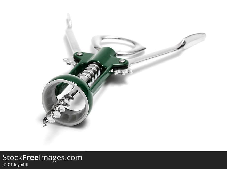 Modern metal corkscrew on a white background