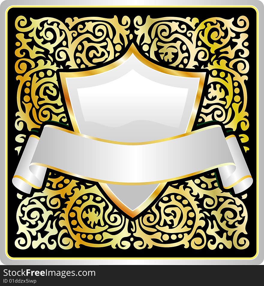 Vector ornate label with white shield. Vector ornate label with white shield