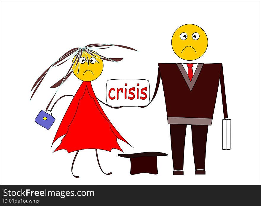 The confused man and woman beg alms with a placard. Cartoon image. The confused man and woman beg alms with a placard. Cartoon image.