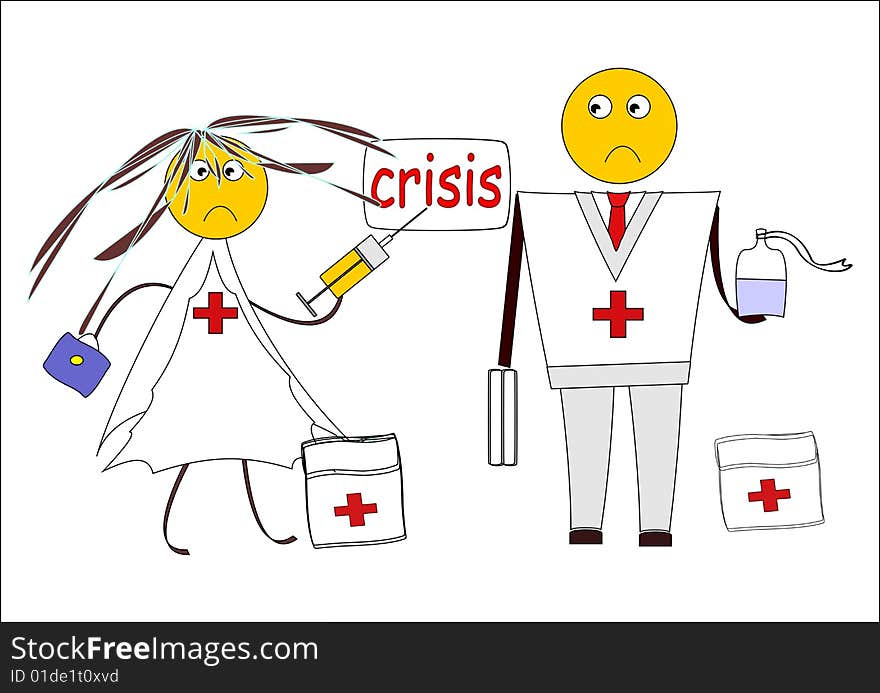 Medicine and crisis. Medical workers sue for a help. Cartoon image.