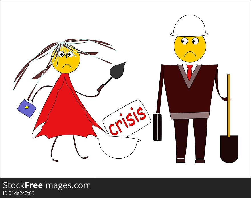 Builders out of employment. Man and woman with build instruments. Cartoon image. Builders out of employment. Man and woman with build instruments. Cartoon image.