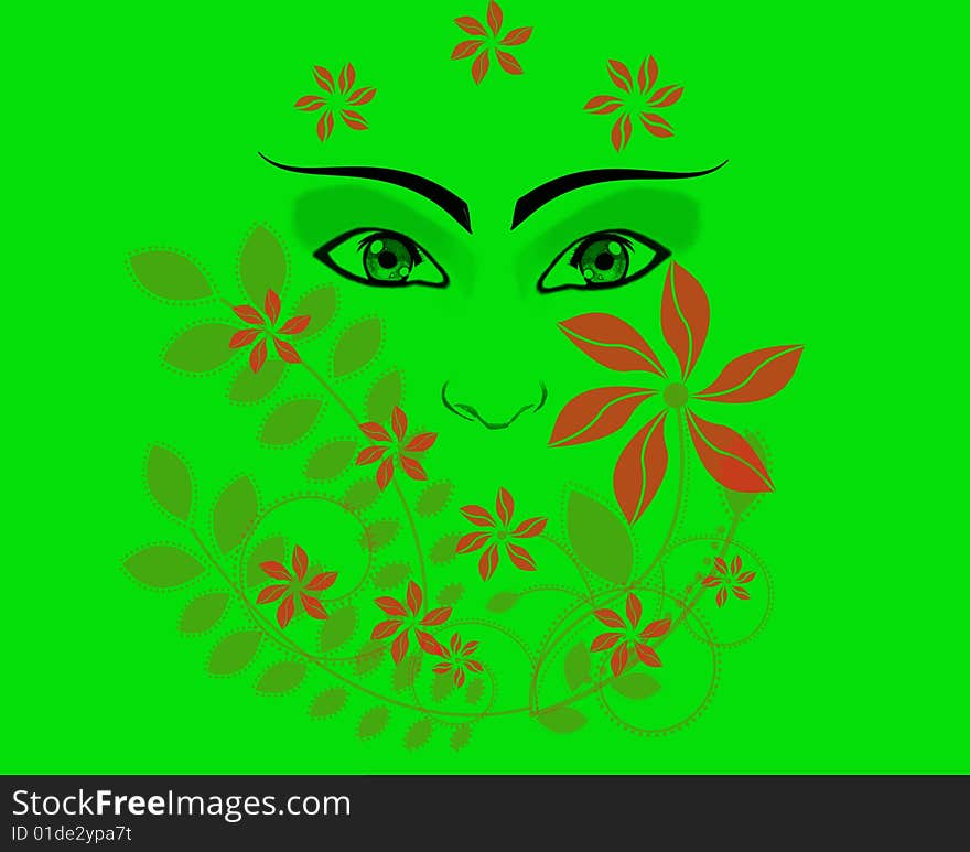 Face and flowers on gereen background. Face and flowers on gereen background