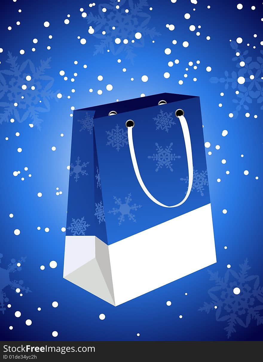 Christmas bag under snowfall, vector illustration, AI file included