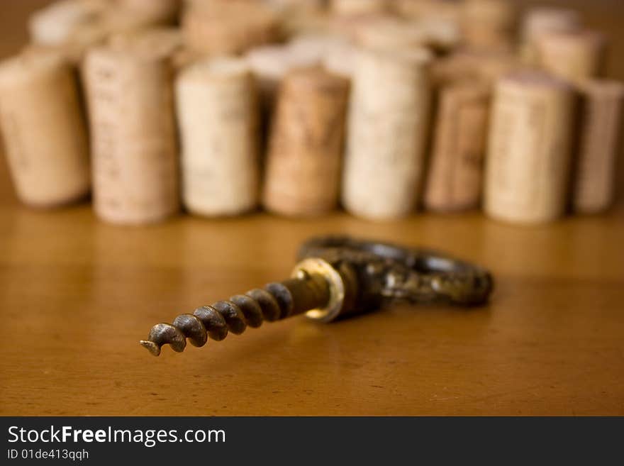 A closeup, detailed view of a corkscrew used to pull corks from wine bottles. A closeup, detailed view of a corkscrew used to pull corks from wine bottles.