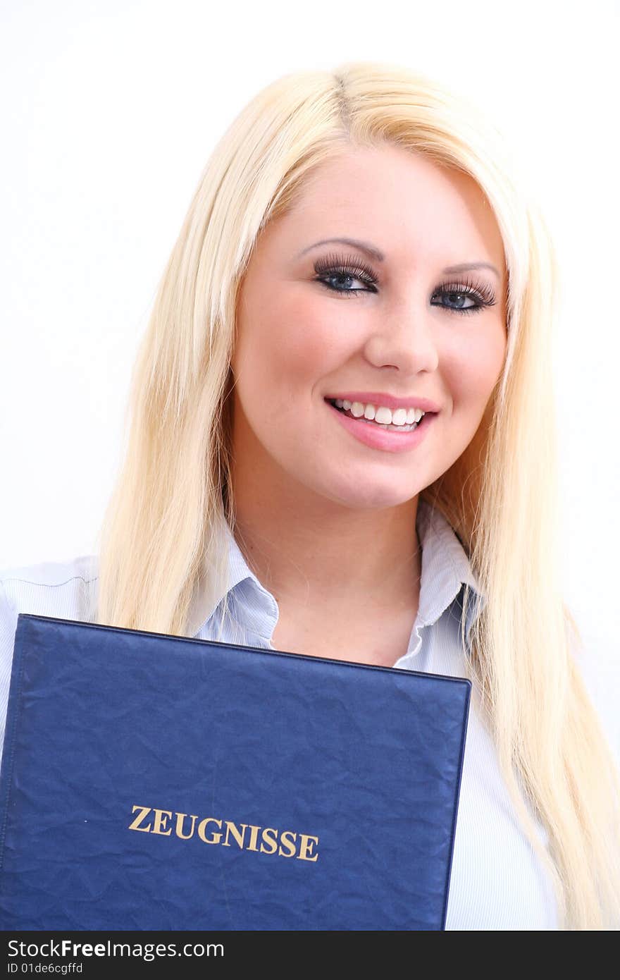 A young blond businesswoman with a map