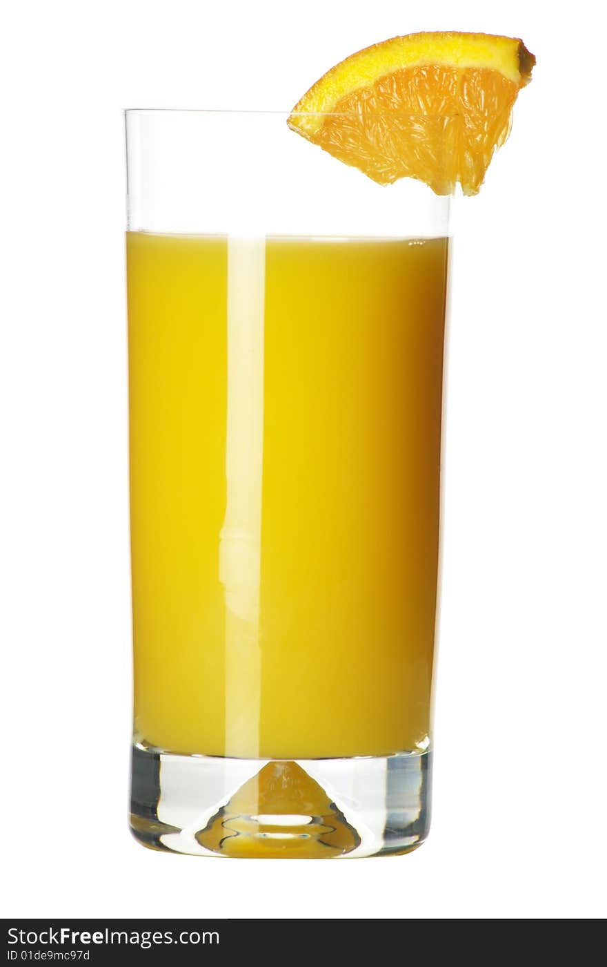 Orange juice with piece of orange on white background