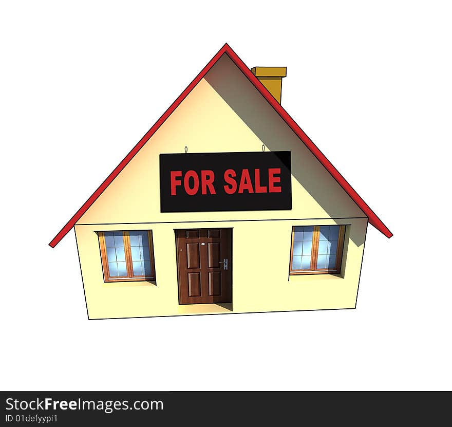 New house with for sale sign - 3d render isolated illustration on white. New house with for sale sign - 3d render isolated illustration on white