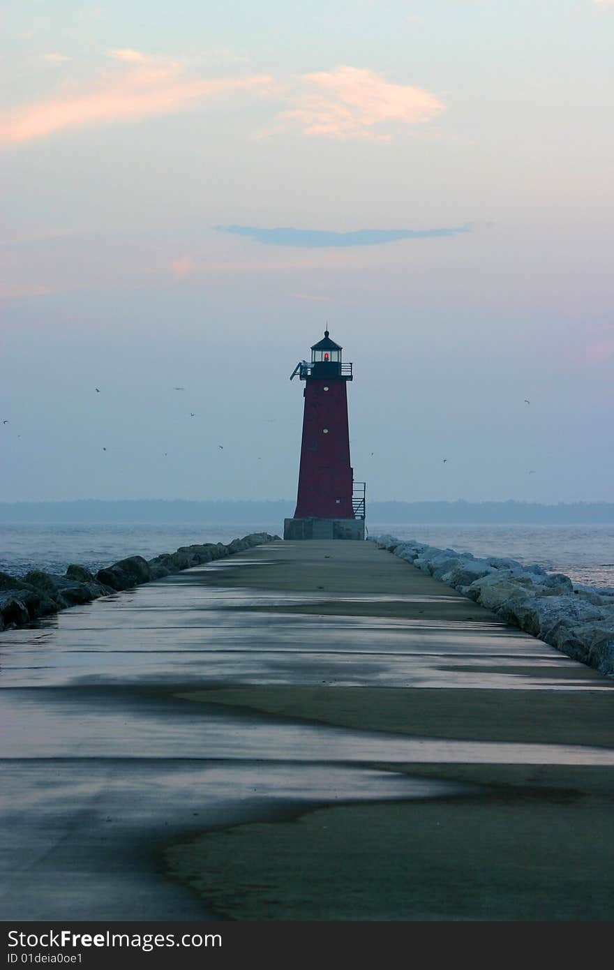 Manistqiue Pier Light on Lake Michigan in Michigan.