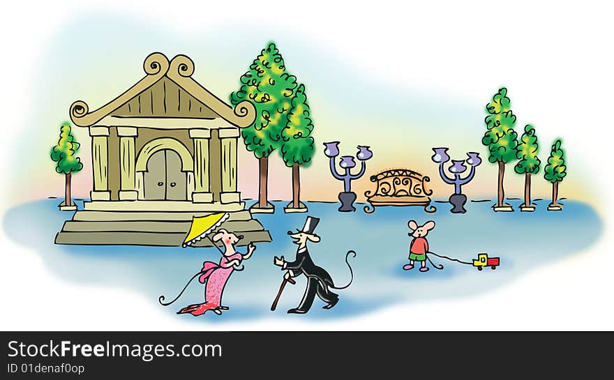 A cartoon of mice near the theatre