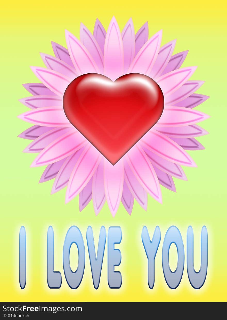 Heart with flower on soft background with written i love you. Heart with flower on soft background with written i love you