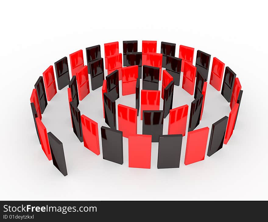 An isolated black and red domino blocks