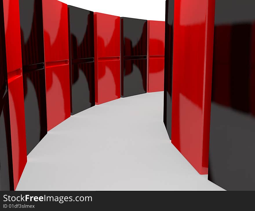 An isolated black and red domino blocks chain white background.