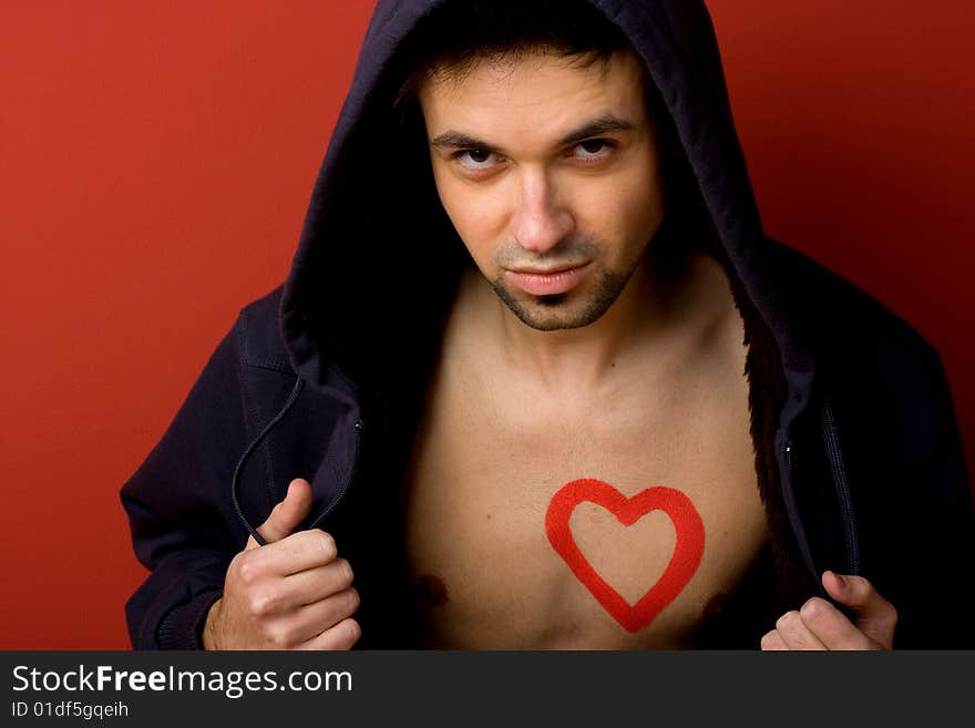 Portrait of Young Man with  heart painted