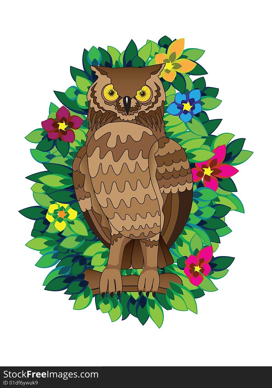 Owl in leaves. Vector illustration.