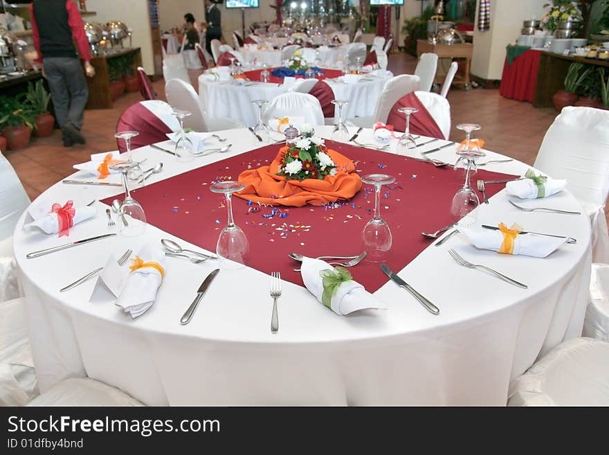 Restaurant table setup at banquet dinner