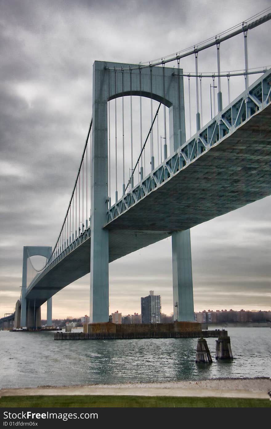 Wide angle view of New York City's Throggs Neck Bridge. Wide angle view of New York City's Throggs Neck Bridge.