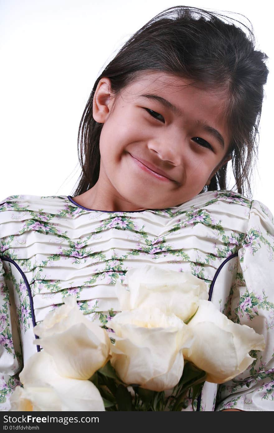 Asian Child Holding White Roses