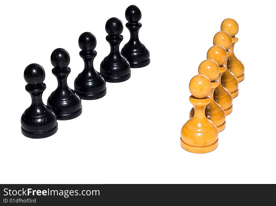 Chess figures bishops, concept of competition. Chess figures bishops. Isolated on a white background. Studio work.