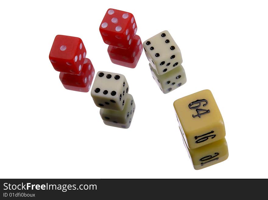 Yellow, red and white dice on a white background