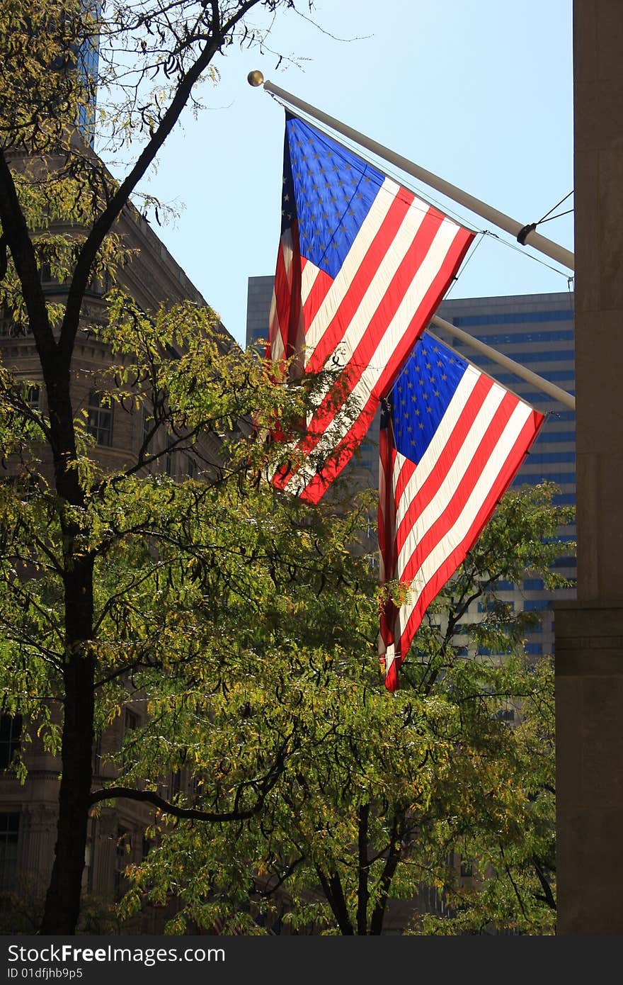 American flags on the building. New York