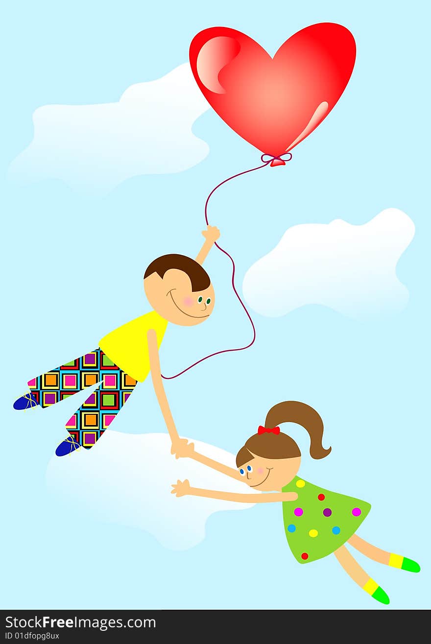 Boy and girl in the air for the ball. It is easy to fly if the wings - love. Vector. Boy and girl in the air for the ball. It is easy to fly if the wings - love. Vector.