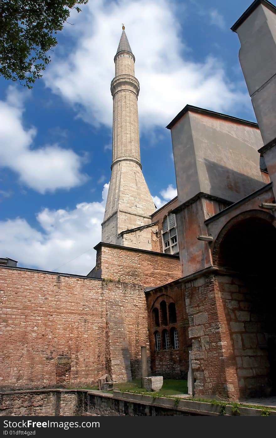 Minaret at Hagia Sofia church in Istanbul, Turkey. Minaret at Hagia Sofia church in Istanbul, Turkey