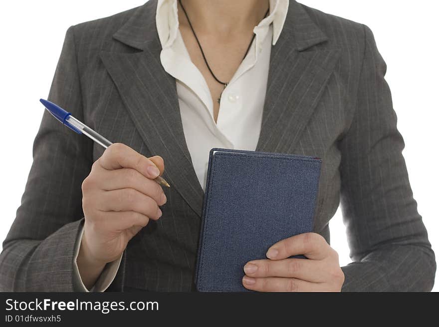 Young businesswoman hold the notebook and pen in the hand