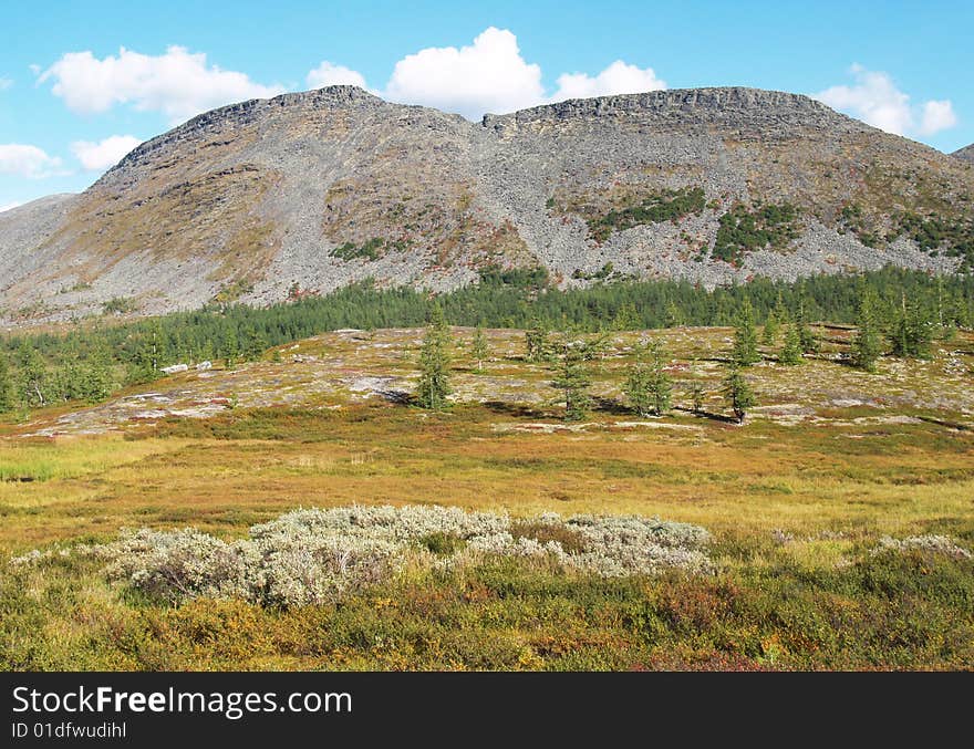 Mountain, forest and river against a backdrop of blue sky. Mountain, forest and river against a backdrop of blue sky.