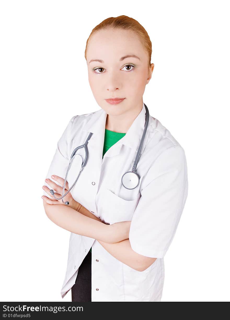 Young female doctor with stethoscope - white background