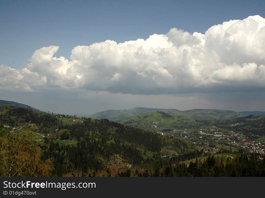 Clouds above mountain, Beskid in Poland