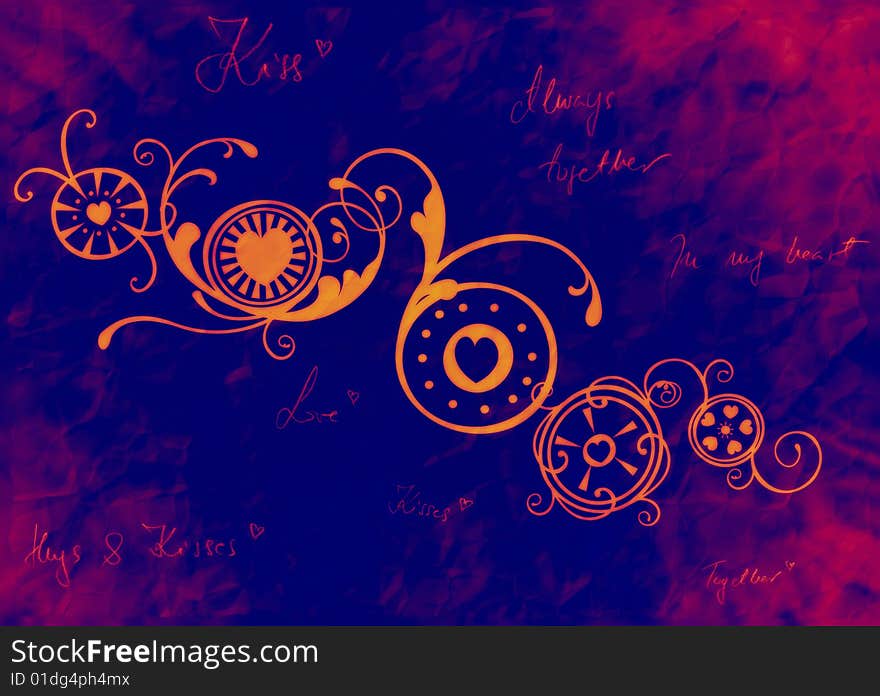 Floral hearts on psychedelic background