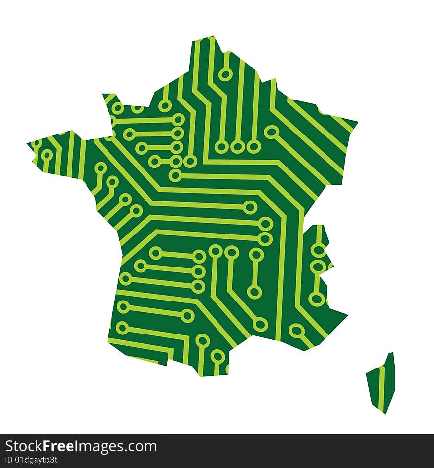 Contour of France filled with the pattern of circuit board. Contour of France filled with the pattern of circuit board