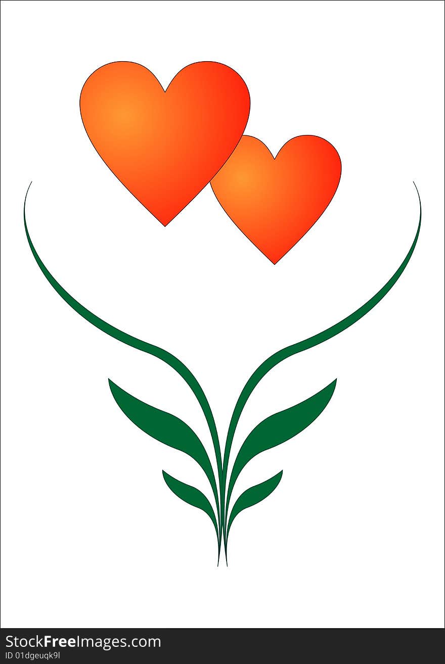 Two red hearts and green leaves on a white background. Two red hearts and green leaves on a white background.