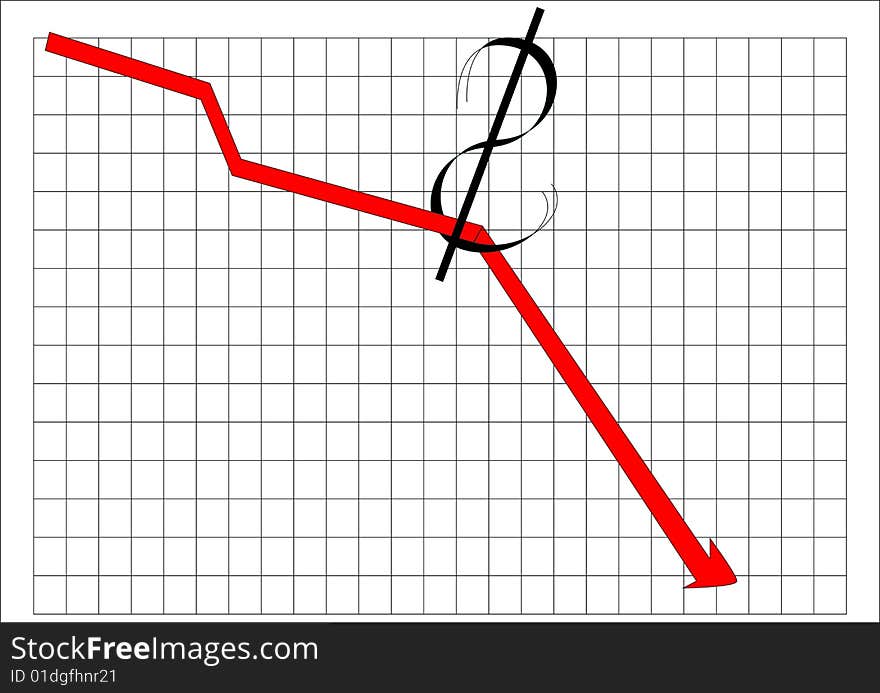 Red arrow - pointer, falling downward,  and symbol of dollar. Red arrow - pointer, falling downward,  and symbol of dollar.