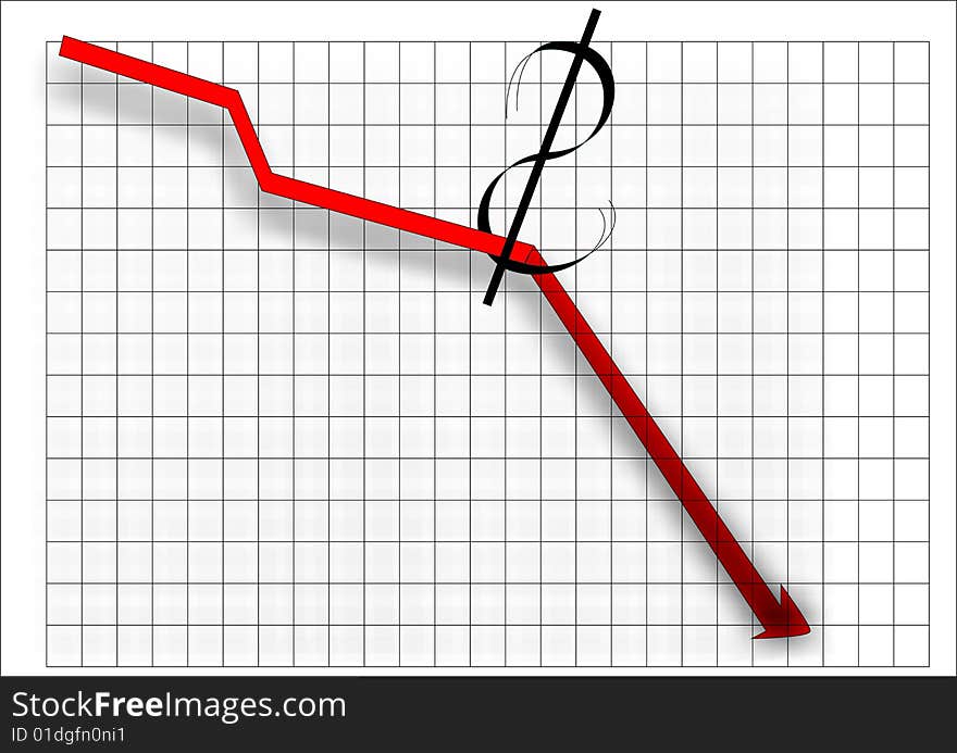 Red arrow - pointer, falling downward, and symbol of dollar. Red arrow - pointer, falling downward, and symbol of dollar.