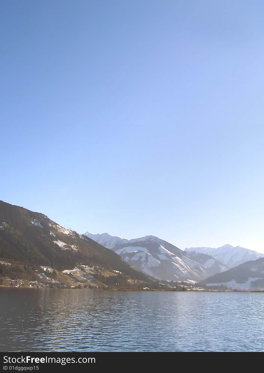 Beautiful  alpine mountain lake in sunset