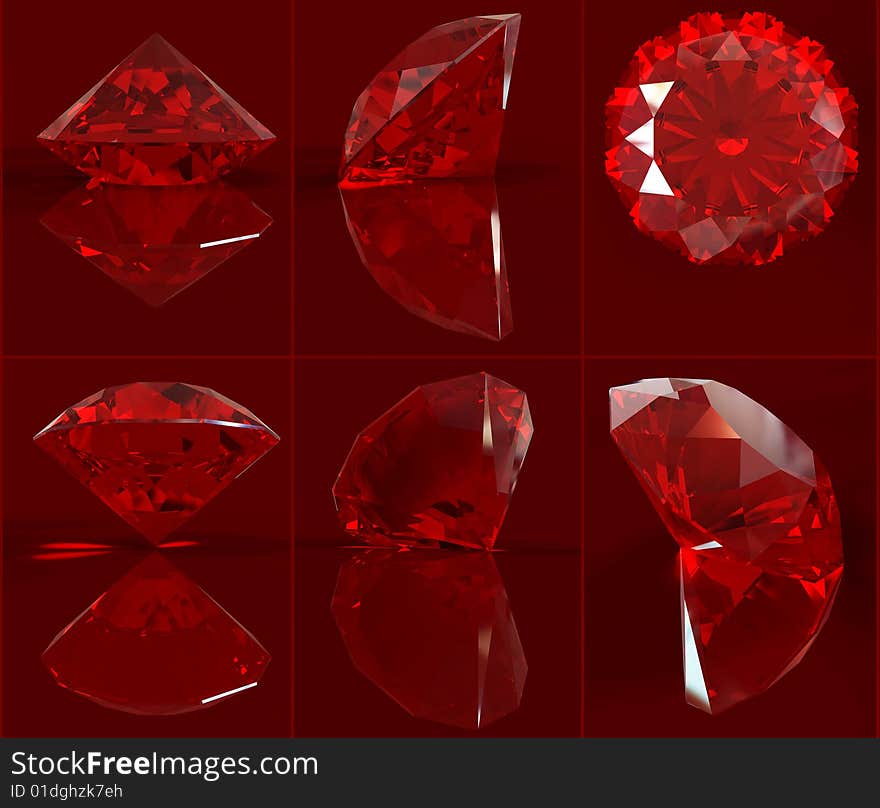 Ruby set on black background. Correct Index of Refraction. Clipping path.