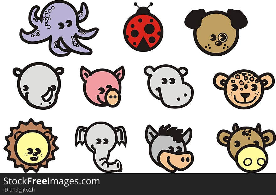 Funny animal's heads graphic illustration