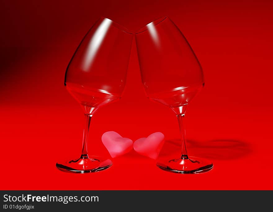 A composition rendered in 3d depicting a couple of wine glasses leaning towards each other with a couple of wax hearts in the middle. Ideal for a valentine's day presentation or as a background. A composition rendered in 3d depicting a couple of wine glasses leaning towards each other with a couple of wax hearts in the middle. Ideal for a valentine's day presentation or as a background.