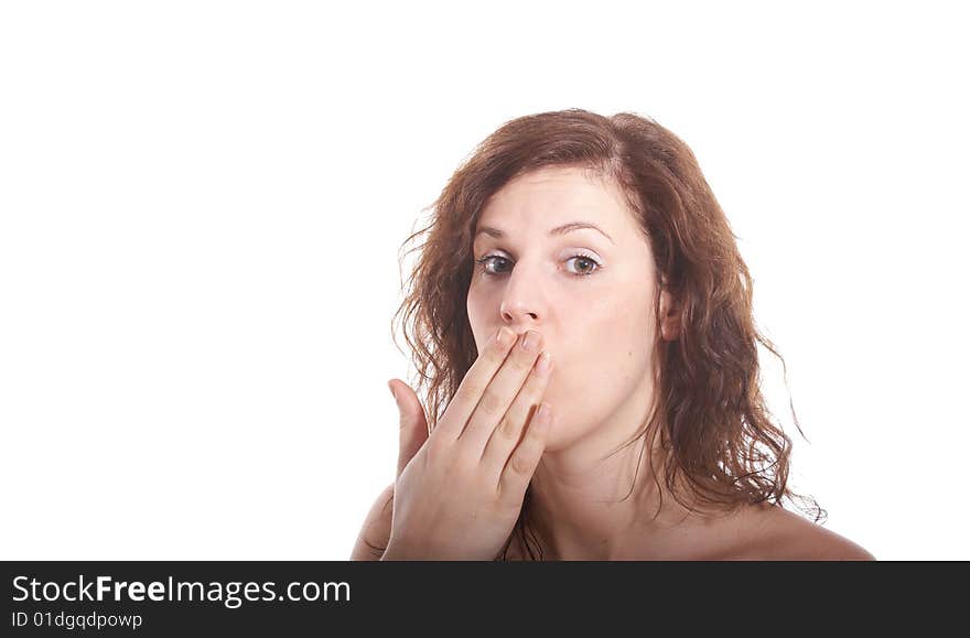 A young beautiful woman is surprised. Isolated over white with a lot of copy space. A young beautiful woman is surprised. Isolated over white with a lot of copy space.