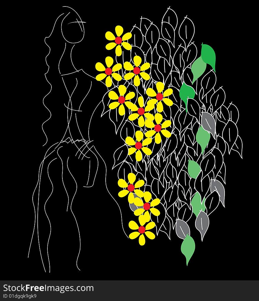 Flowers and lady on black - illustraion. Flowers and lady on black - illustraion