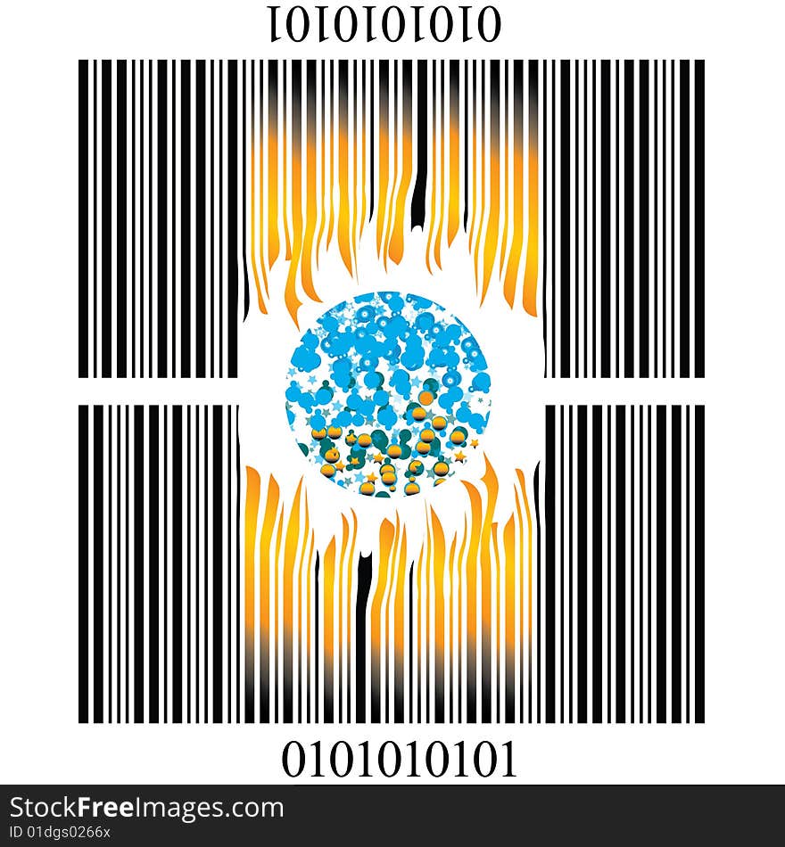 An illustrated burning magnified bar code design. An illustrated burning magnified bar code design