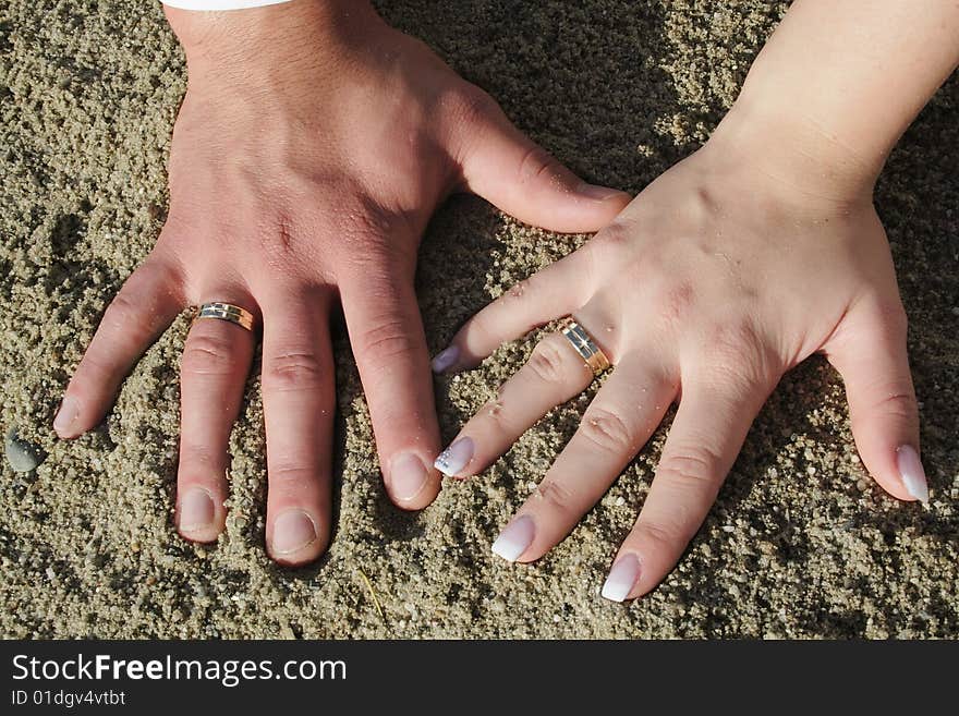 Sign on the sand, two hands and wedding rings