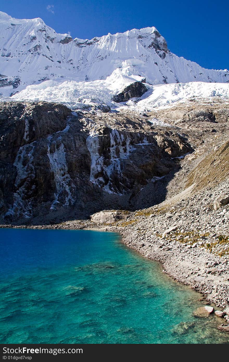 Mountain lake panorama with blue water and reflecting sun. Mountain lake panorama with blue water and reflecting sun