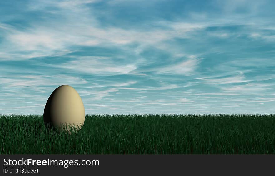 Easter Egg In The Gras With Blue Sky