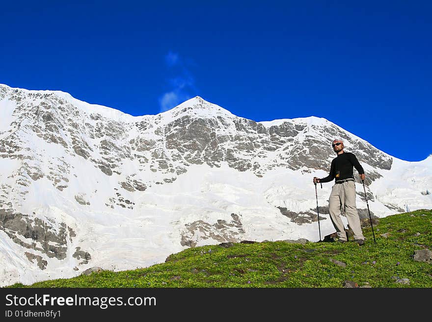 Hiker in the Caucasus mountains