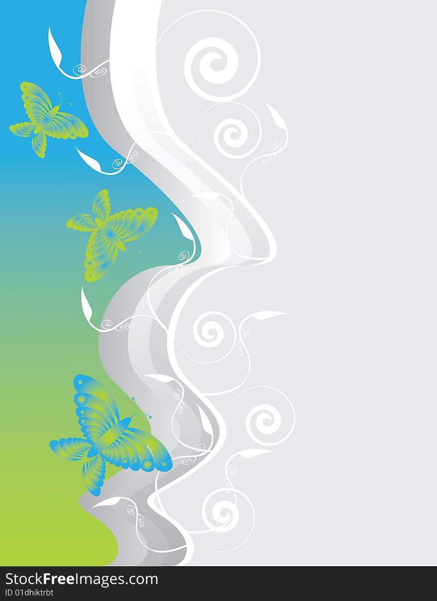 Butterflies and foliage are featured in an abstract background illustration. Butterflies and foliage are featured in an abstract background illustration.