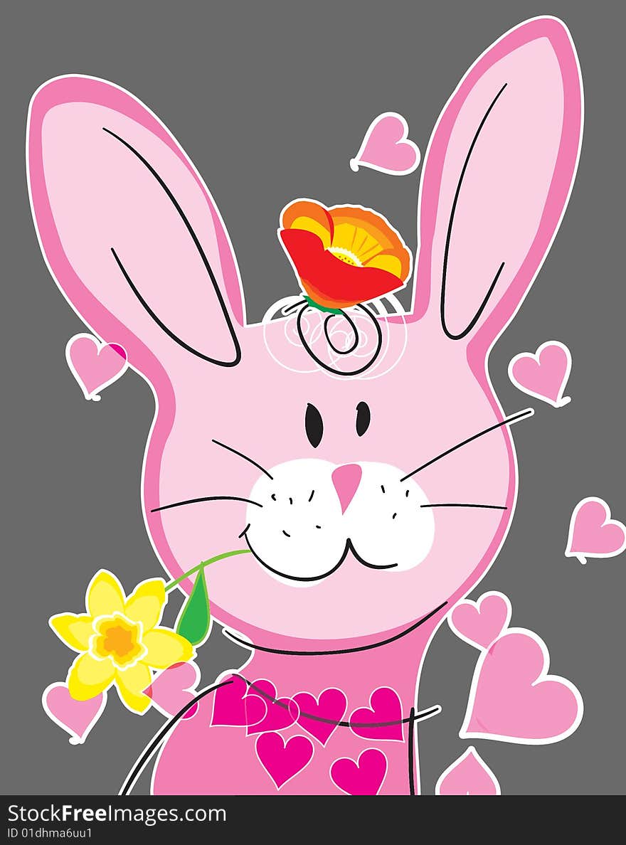 Cartoon happy piggy with flower on a gray background/ format. Cartoon happy piggy with flower on a gray background/ format