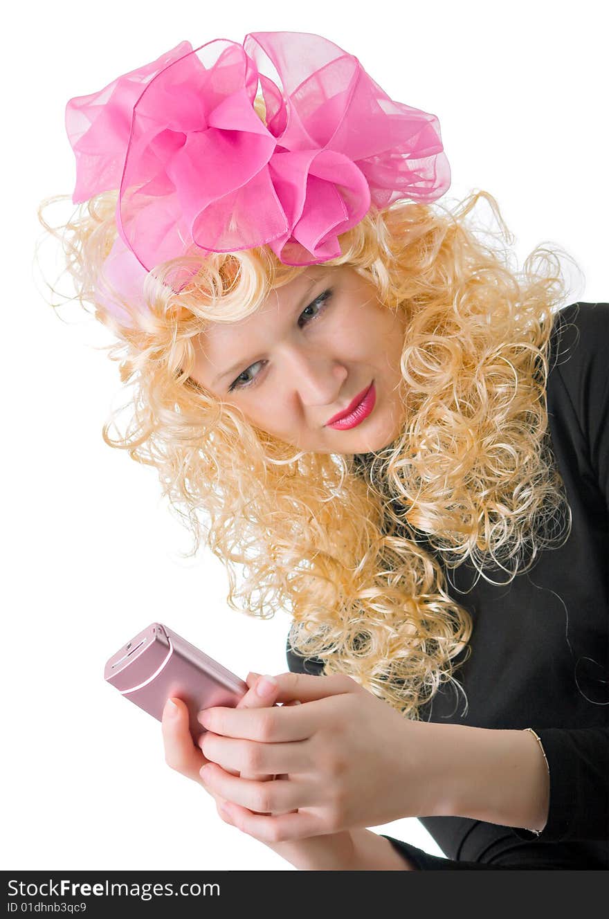 Blonde with a big pink phone