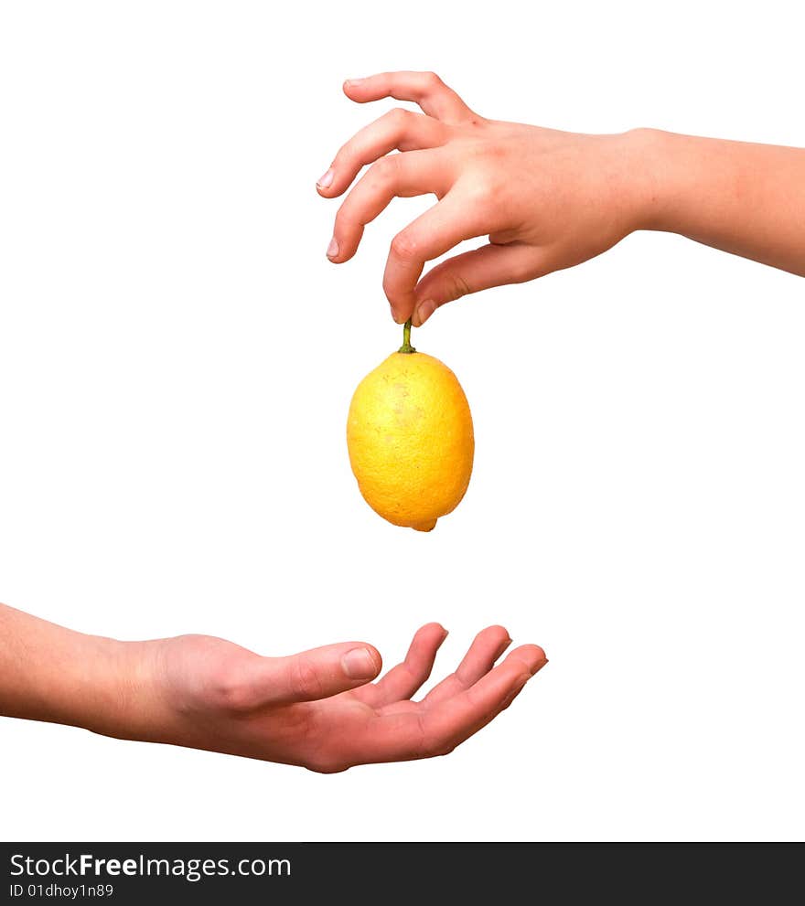 Hands with a lemon isolated on white background